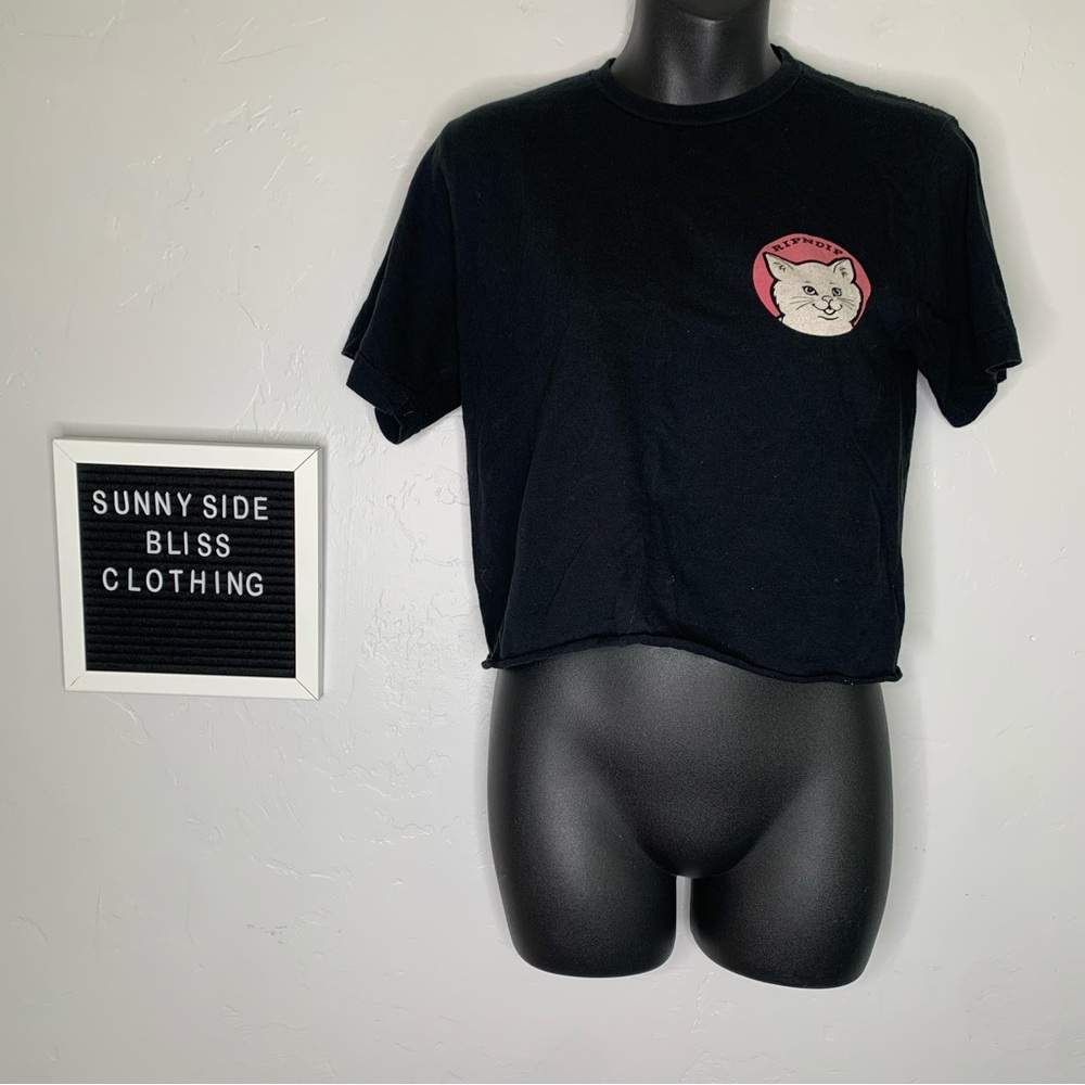 Rip N Dip Black Cropped Cat Graphic Tee W/ Pink Patch Logo Size Small